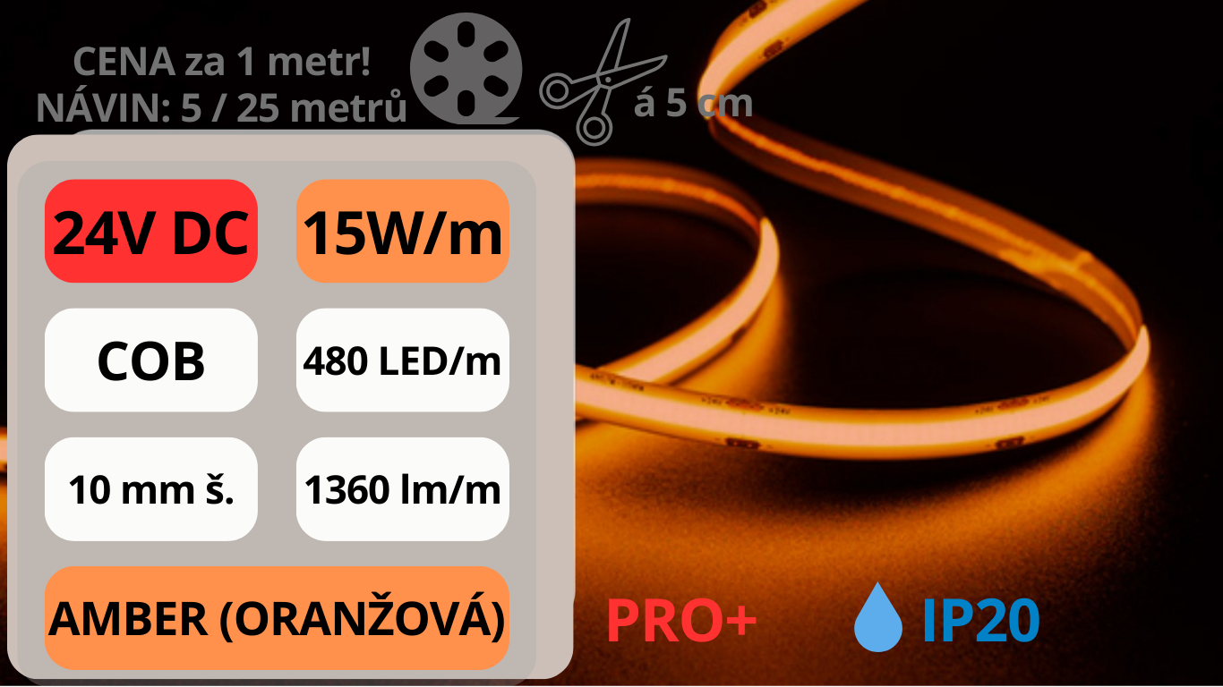 LED pásek COB 24V / 480LED / 15W / AMBER / IP20 / 10mm / PRO+